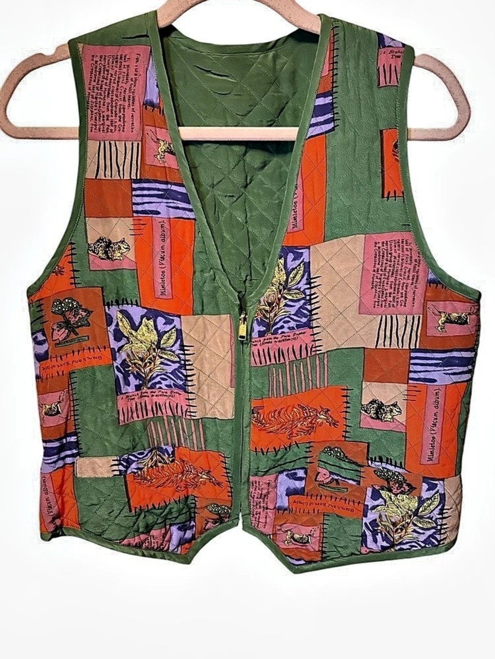 Vintage Silk Patchwork Quilted Vest Green Multicolor Artsy Boho